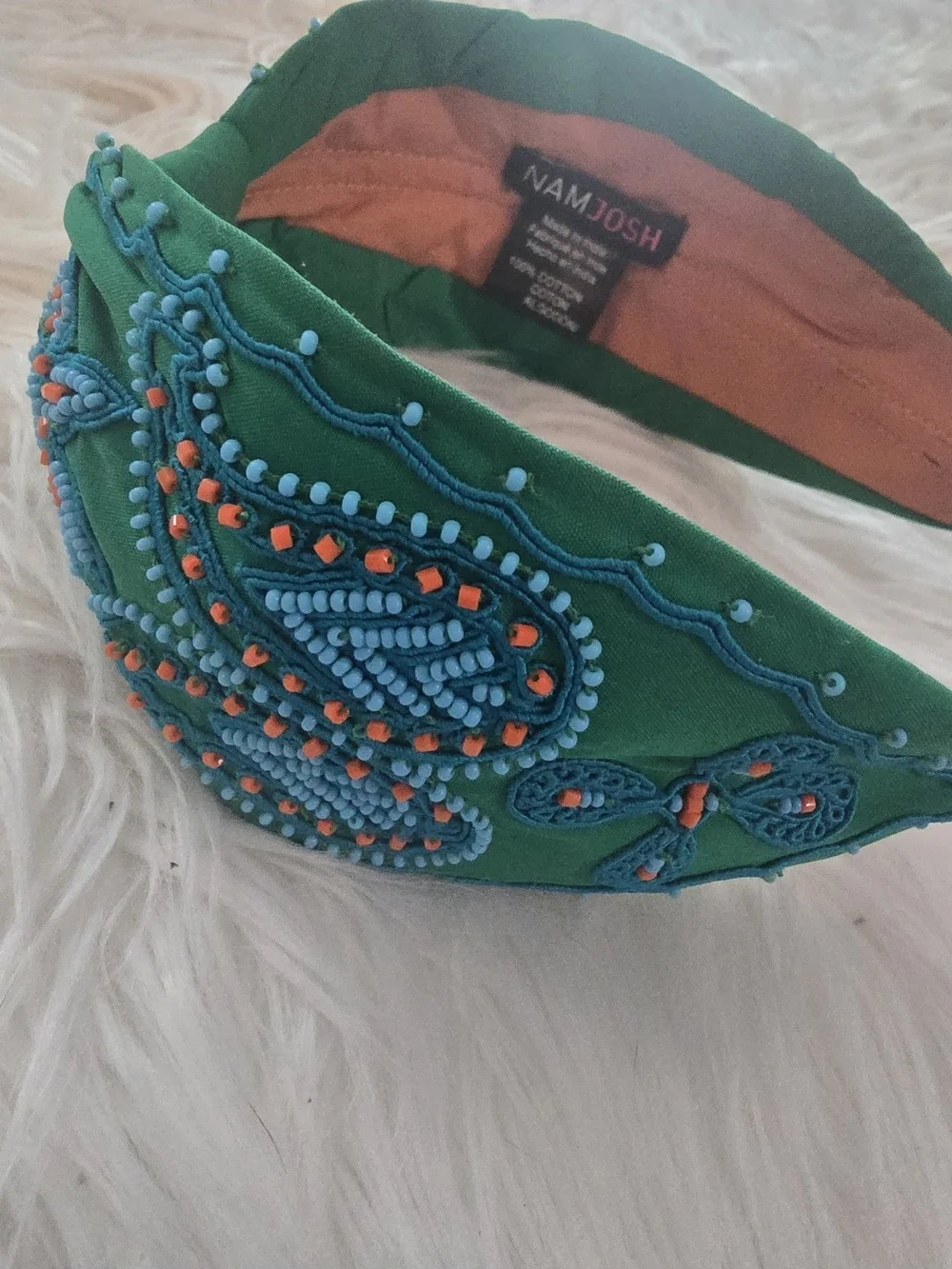 Green Beaded Embroidered Padded Headband by AAMJDOSH